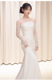 Niulatu Sheath Off The Shoulder Long Sleeves Satin Long Wedding Dresses With Lace HZ1110