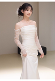 Niulatu Sheath Off The Shoulder Long Sleeves Satin Long Wedding Dresses With Lace HZ1110