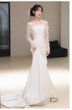 Niulatu Sheath Off The Shoulder Long Sleeves Satin Long Wedding Dresses With Lace HZ1110