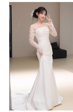 Niulatu Sheath Off The Shoulder Long Sleeves Satin Long Wedding Dresses With Lace HZ1110