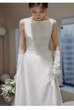 Niulatu A line Scoop Neckline Satin Long Wedding Dresses With Appliques HZ1110