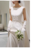Niulatu A line Scoop Neckline Satin Long Wedding Dresses With Appliques HZ1110