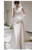 Niulatu A line Scoop Neckline Satin Long Wedding Dresses With Appliques HZ1110