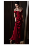 Niulatu Sheath Off The Shoulder Satin Burgundy Long Prom Dresses HZ1110