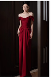 Niulatu Sheath Off The Shoulder Satin Burgundy Long Prom Dresses HZ1110