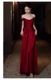 Niulatu Sheath Off The Shoulder Satin Burgundy Long Prom Dresses HZ1110