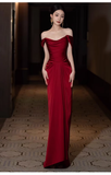Niulatu Sheath Off The Shoulder Satin Burgundy Long Prom Dresses HZ1110