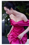 Niulatu Mermaid Off The Shoulder Hot Pink Long Prom Dresses Satin Birthday Outfits HZ1110