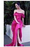 Niulatu Mermaid Off The Shoulder Hot Pink Long Prom Dresses Satin Birthday Outfits HZ1110