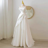 Niulatu A line Strapless Chiffon Long Wedding Dresses With Ruffles HZ1110