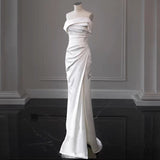 Niulatu Sheath Off The Shoulder Satin Long Wedding Dresses With Slit HZ1110
