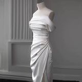 Niulatu Sheath Off The Shoulder Satin Long Wedding Dresses With Slit HZ1110