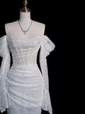 Niulatu Mermaid Off The Shoulder Long Sleeves Sequin Wedding Dresses With Ruffles HZ1110