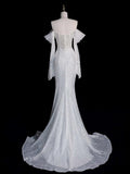 Niulatu Mermaid Off The Shoulder Long Sleeves Sequin Wedding Dresses With Ruffles HZ1110