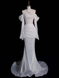 Niulatu Mermaid Off The Shoulder Long Sleeves Sequin Wedding Dresses With Ruffles HZ1110