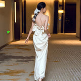 Niulatu Sheath Strapless Satin Ankle Length Wedding Dresses With Flowers HZ1110