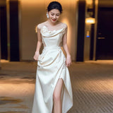 Niulatu Sheath Strapless Satin Ankle Length Wedding Dresses With Flowers HZ1110