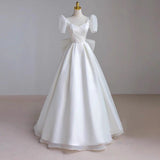 Niulatu Ball Gown Short Sleeves Floor Length Wedding Dresses With Bow HZ1110
