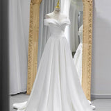 Niulatu A line Off The Shoulder Short Sleeves Floor Length Satin Wedding Dresses HZ1110