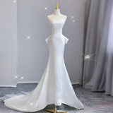 Niulatu Mermaid Strapless Long Satin White Wedding Dresses With Bow HZ1110