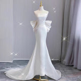 Niulatu Mermaid Strapless Long Satin White Wedding Dresses With Bow HZ1110