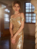 Niulatu Sheath Off The Shoulder Gold Sequin Long Prom Dresses HZ1110