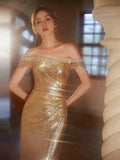 Niulatu Sheath Off The Shoulder Gold Sequin Long Prom Dresses HZ1110