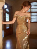 Niulatu Sheath Off The Shoulder Gold Sequin Long Prom Dresses HZ1110