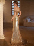 Niulatu Sheath Off The Shoulder Gold Sequin Long Prom Dresses HZ1110