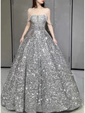Niulatu Ball Gown Off The Shoulder Silver Sequin Long Prom Dresses HZ1110