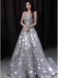 Niulatu Ball Gown Off The Shoulder Silver Sequin Long Prom Dresses HZ1110