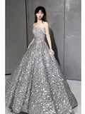 Niulatu Ball Gown Off The Shoulder Silver Sequin Long Prom Dresses HZ1110