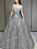 Niulatu Ball Gown Off The Shoulder Silver Sequin Long Prom Dresses HZ1110