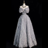 Niulatu Ball Gown Strapless Gray Sequin Long Prom Dress HZ1110