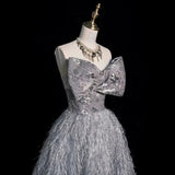 Niulatu Ball Gown Strapless Gray Sequin Long Prom Dress HZ1110