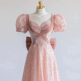 Niulatu A Line Sweetheart Pink Sequin Long Prom Dress HZ1110