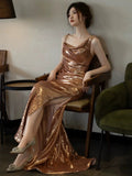Niulatu Sheath Backless Gold Sequin Long Prom Dresses HZ1110