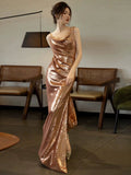 Niulatu Sheath Backless Gold Sequin Long Prom Dresses HZ1110