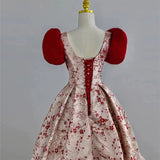 Niulatu Ball Gown Puffy Sleeves Satin Red Long Prom Dresses HZ1110