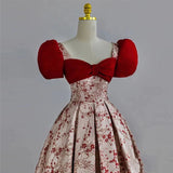 Niulatu Ball Gown Puffy Sleeves Satin Red Long Prom Dresses HZ1110
