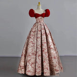 Niulatu Ball Gown Puffy Sleeves Satin Red Long Prom Dresses HZ1110
