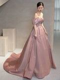 Niulatu Ball Gown Off The Shoulder Satin Pink Long Prom Dresses HZ1110