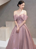 Niulatu Ball Gown Off The Shoulder Satin Pink Long Prom Dresses HZ1110