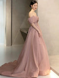 Niulatu Ball Gown Off The Shoulder Satin Pink Long Prom Dresses HZ1110