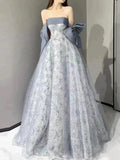 Niulatu Ball Gown Strapless Gray Blue Sequin Long Prom Dresses HZ1110