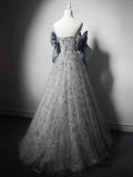 Niulatu Ball Gown Strapless Gray Blue Sequin Long Prom Dresses HZ1110