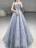 Niulatu Ball Gown Strapless Gray Blue Sequin Long Prom Dresses HZ1110