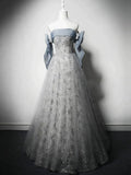 Niulatu Ball Gown Strapless Gray Blue Sequin Long Prom Dresses HZ1110