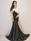 Niulatu Mermaid Off The Shoulder Satin Black Prom Dress Long Evening Dresses HZ1110