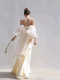 Niulatu Mermaid Off The Shoulder Long Tulle White Wedding Dresses With Ruffles HZ1110